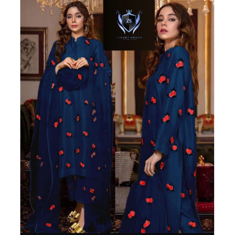 Rose Embroidery Shirt With Embroidery Dupatta 3 Pcs