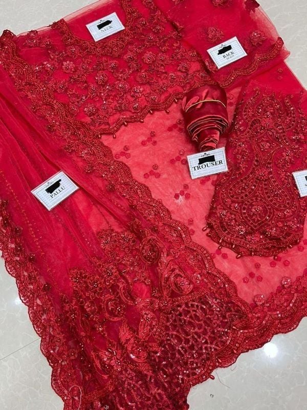 Net Saree Embroidered Hand Embellished Luxury Unstitched 3Pc®✓✨