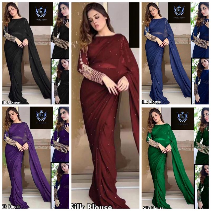 💜 Saree Collection 💜
✨ Silk Sleeves Sequence Embroidery Blouse
✔️ With Pettycoat & Pearls Attached Saree