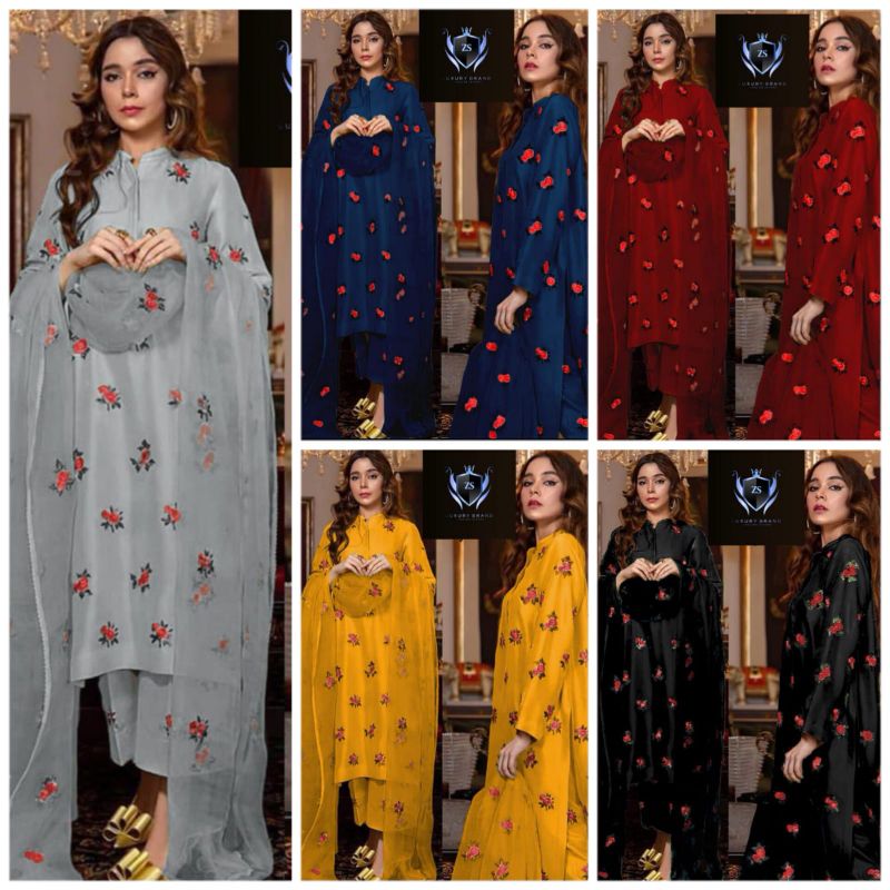 Rose Embroidery Shirt With Embroidery Dupatta 3 Pcs