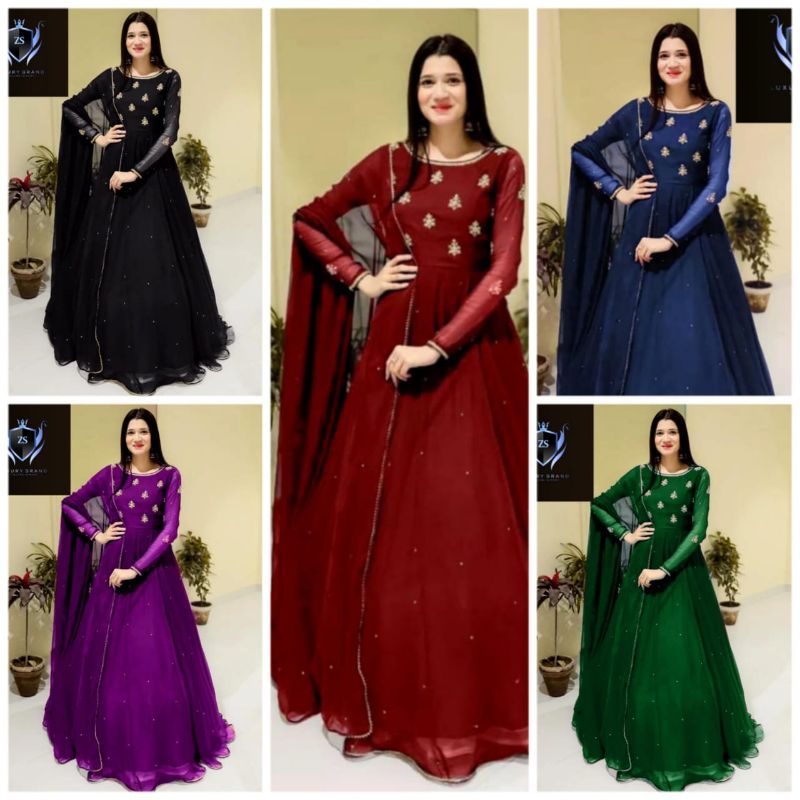 Neck & Sleeves Embroidered with Lace and front & Back Pearls Attached  Maxi with Pearls Dupatta 3Pcs