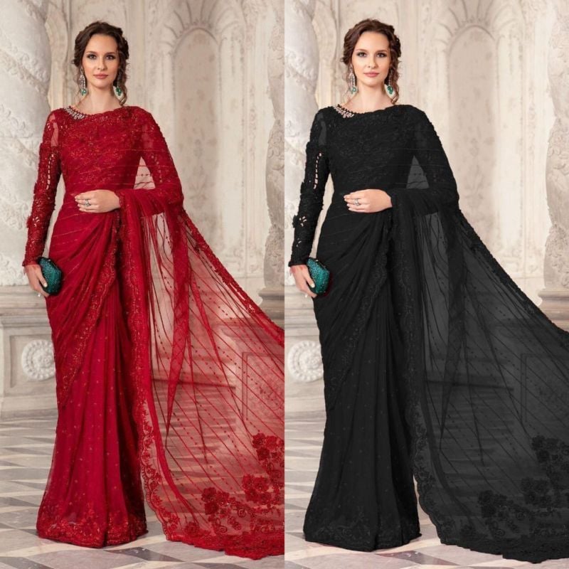 Net Saree Embroidered Hand Embellished Luxury Unstitched 3Pc®✓✨