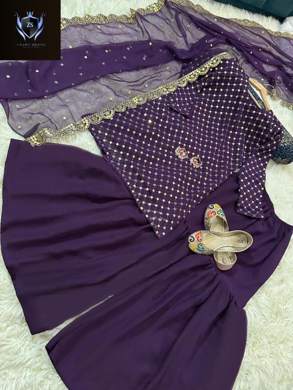 Front and Sleeves 9MM Sequence Embroidered, with Cut Work 9MM Dupatta with Garara 3Piece
