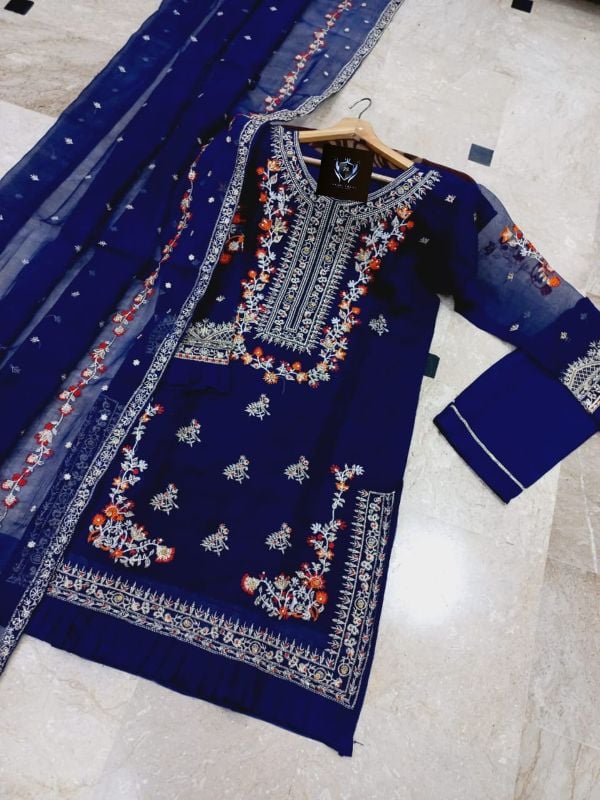 ✨Handwork, Nug Stone & Pearls Heavy Work Shirt With Emb Dupatta – 3 Piece ✨