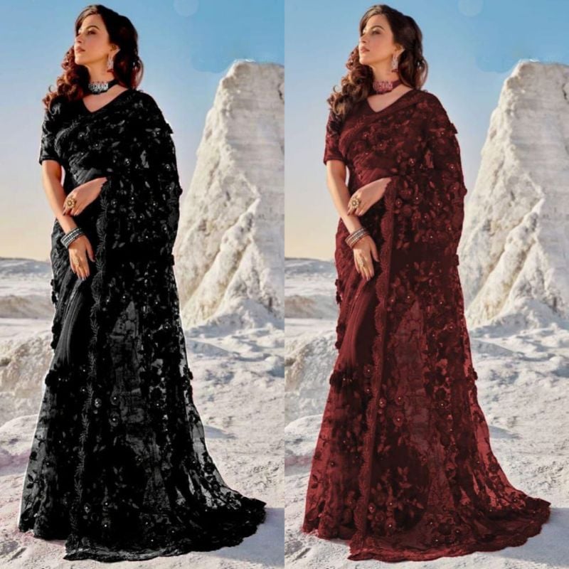 Indian Saree Net Embroidered Luxury Unstitched 3Pc✓