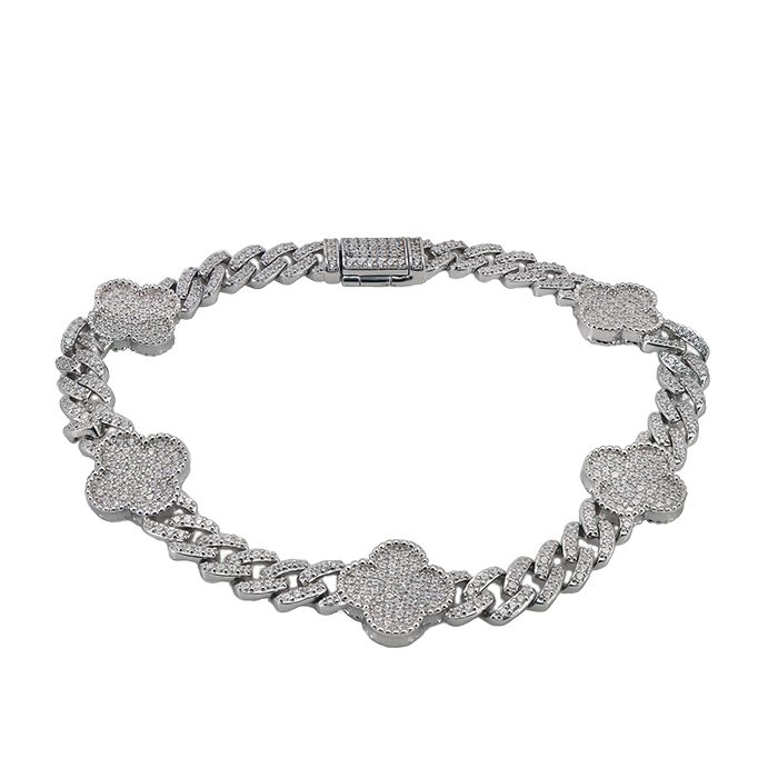 Argent sterling avec rhodium, bracelet trèfle à 4 feuilles avec zircone cubique, largeur 11 mm, longueur 7,5 po