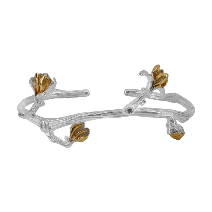 Argent sterling avec 2 tons, bracelet manchette fleur, largeur 26mm, barre 3mm