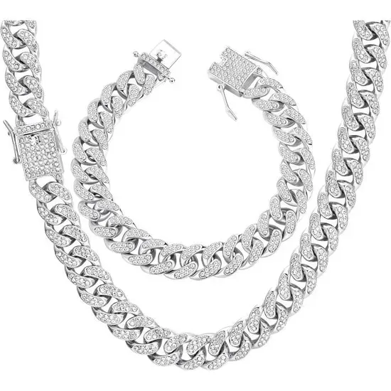 Chaine et Bracelet cubaine en zigzag avec zircon argent 925, rhodie