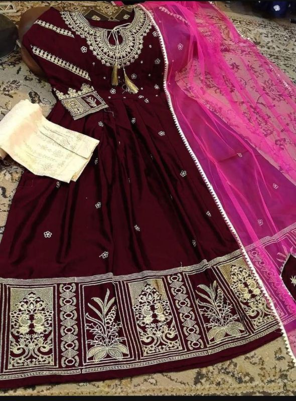 Stunning 3 Pcs Maxi Suit in Embroidered Shamoz Silk - Maroon