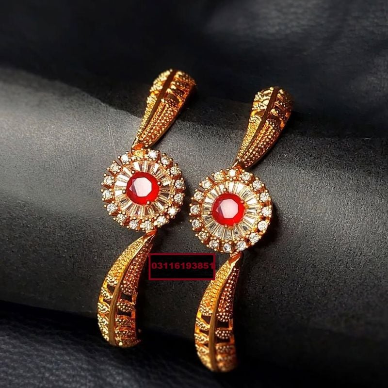 2 Pcs Gold Plated Indian Design Kara Bangles with Red Gemstone
