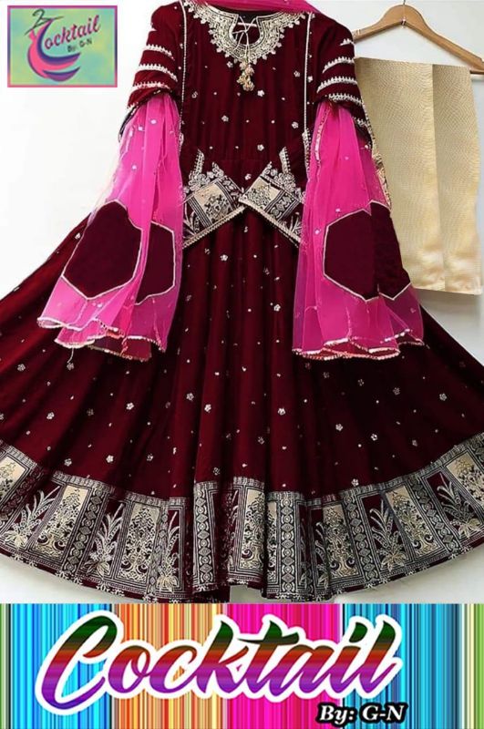 Stunning 3 Pcs Maxi Suit in Embroidered Shamoz Silk - Maroon