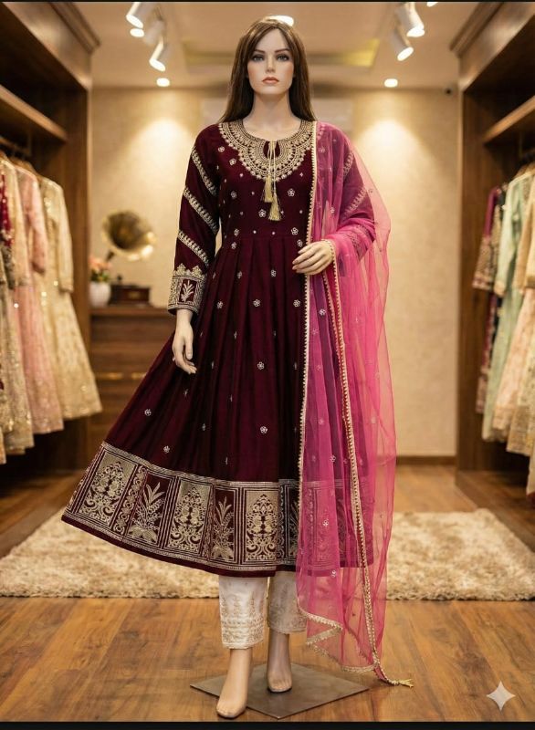 Stunning 3 Pcs Maxi Suit in Embroidered Shamoz Silk - Maroon