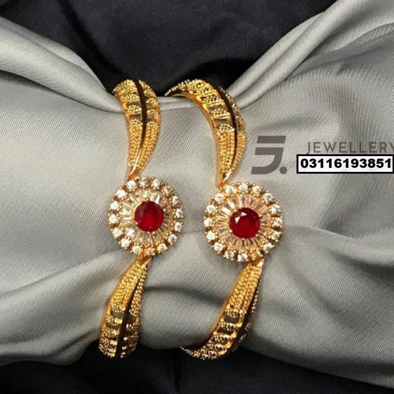 2 Pcs Gold Plated Indian Design Kara Bangles with Red Gemstone