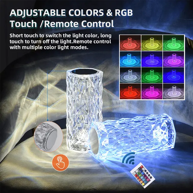 Diamond Rose Crystal Touch Lamp – 16 Colors | USB Rechargeable with Remote