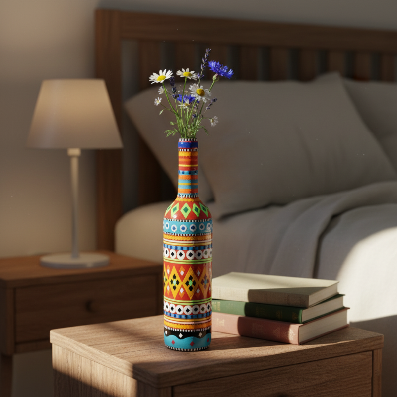 Truck Art Decorative Glass Bottle Vase – Handcrafted Multicolor (750ml)