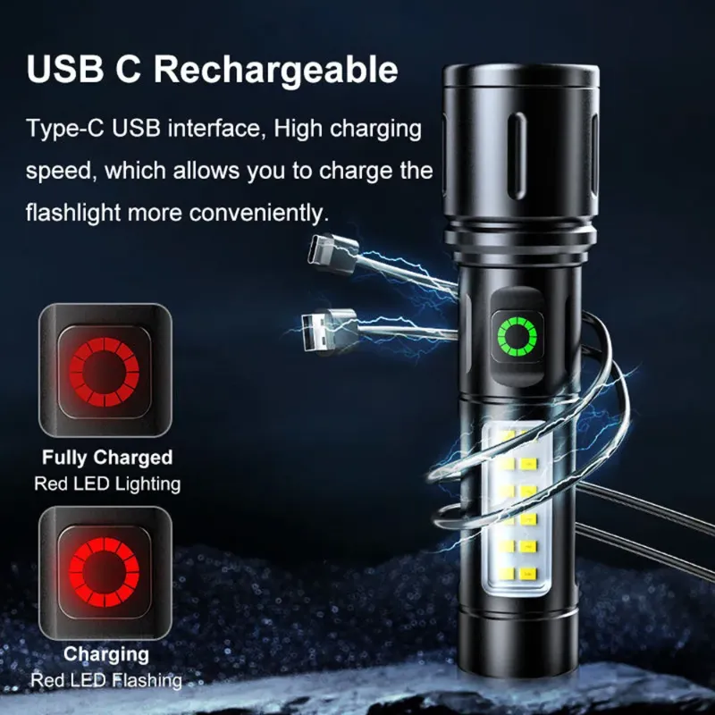 Super Bright Zoomable LED Flashlight Type-C Rechargeable Torch