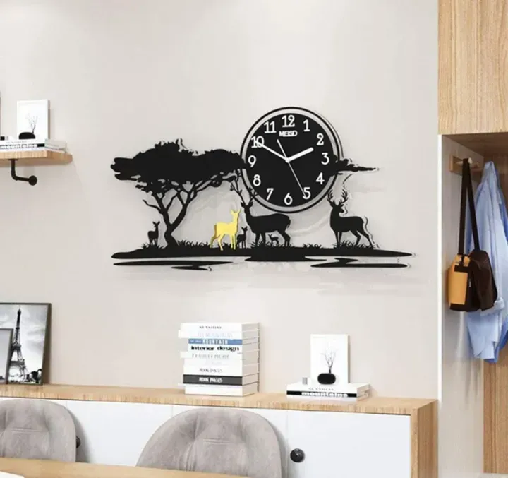 3D Jungle Wooden Wall Clock with Deer Figure | Fancy Wall Clock with Light