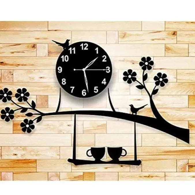 3D Birds on Tree with Coffee Cups Wall Clock
