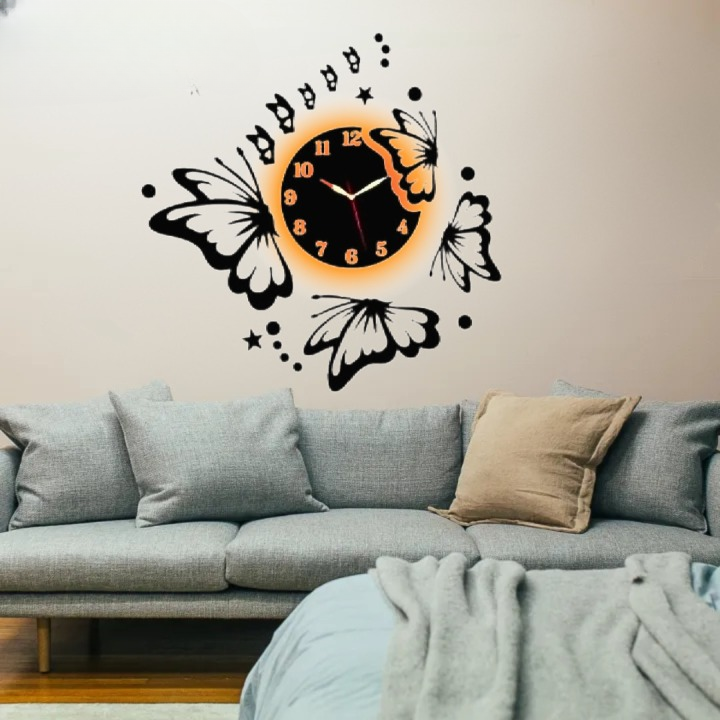 Flying Butterflies 3D Wooden Wall Clock with Stars & Light