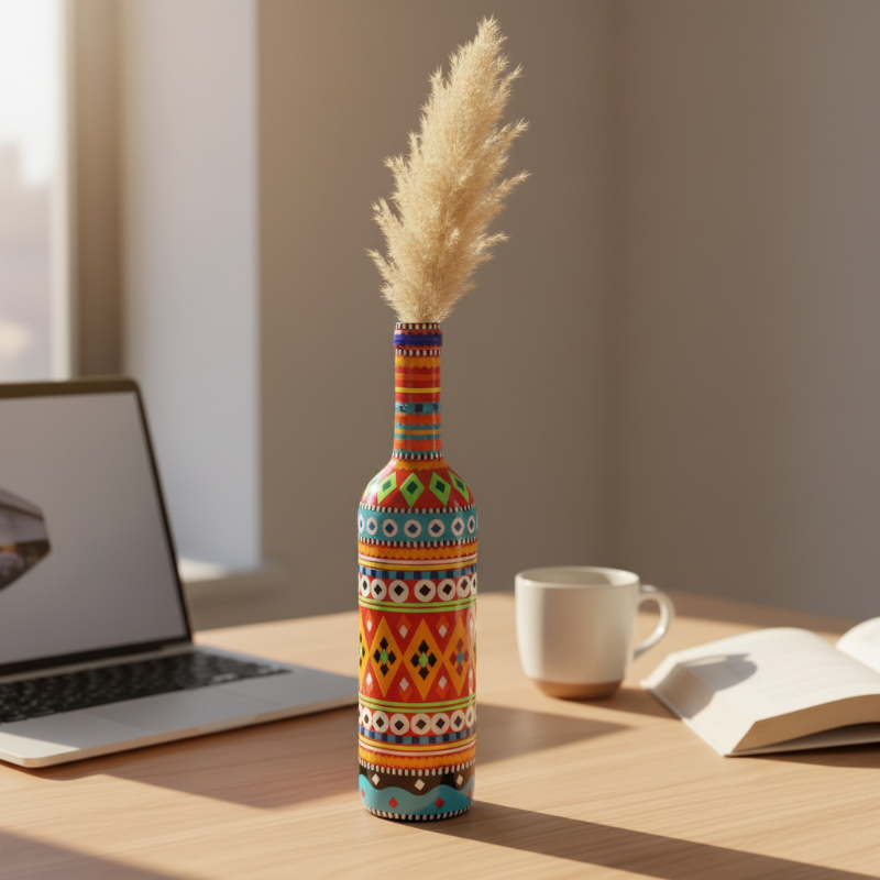 Truck Art Decorative Glass Bottle Vase – Handcrafted Multicolor (750ml)