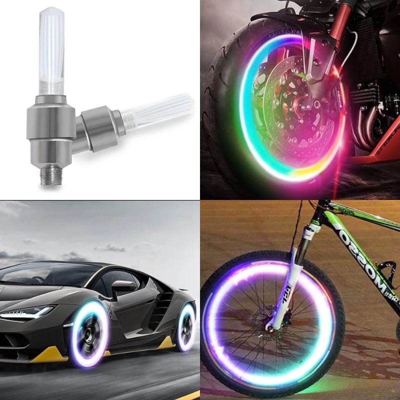 Multicolor LED Tire Valve Cap Lights for Car, Bike & Bicycle