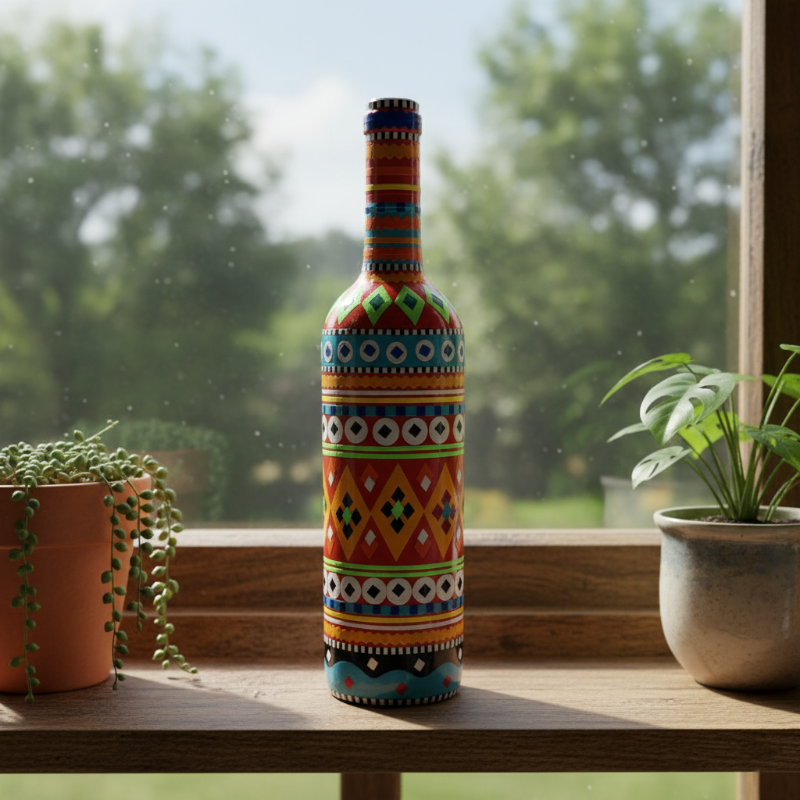 Truck Art Decorative Glass Bottle Vase – Handcrafted Multicolor (750ml)