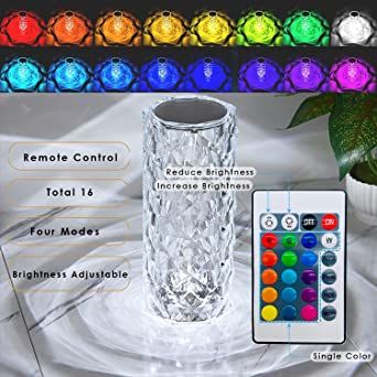 Diamond Rose Crystal Touch Lamp – 16 Colors | USB Rechargeable with Remote