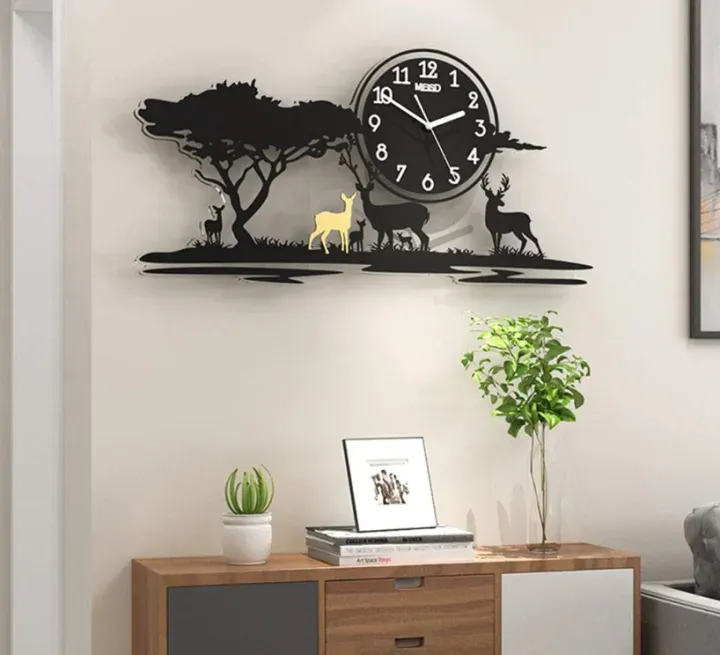 3D Jungle Wooden Wall Clock with Deer Figure | Fancy Wall Clock with Light