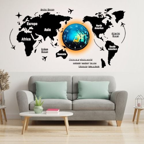 3D Wooden World Map Wall Clock With Aesthetic Dial