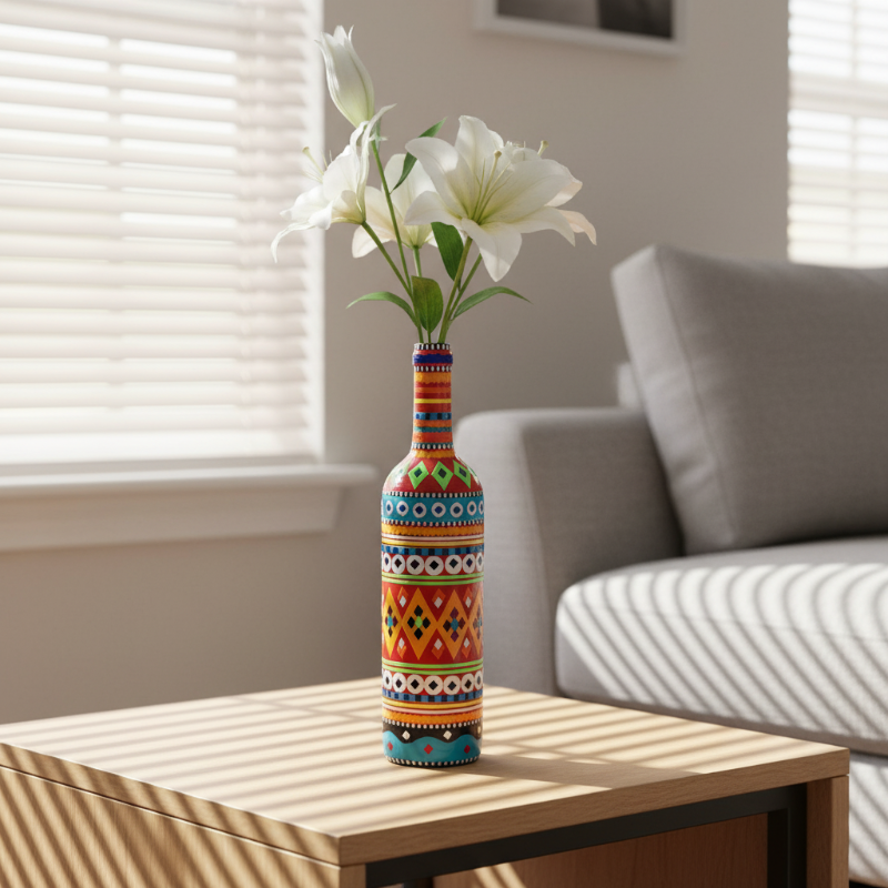 Truck Art Decorative Glass Bottle Vase – Handcrafted Multicolor (750ml)