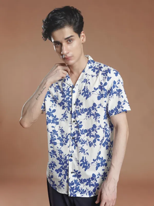 White & Blue Printed Resort Collar Shirt (CSP-334)