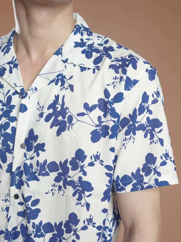 White & Blue Printed Resort Collar Shirt (CSP-334)