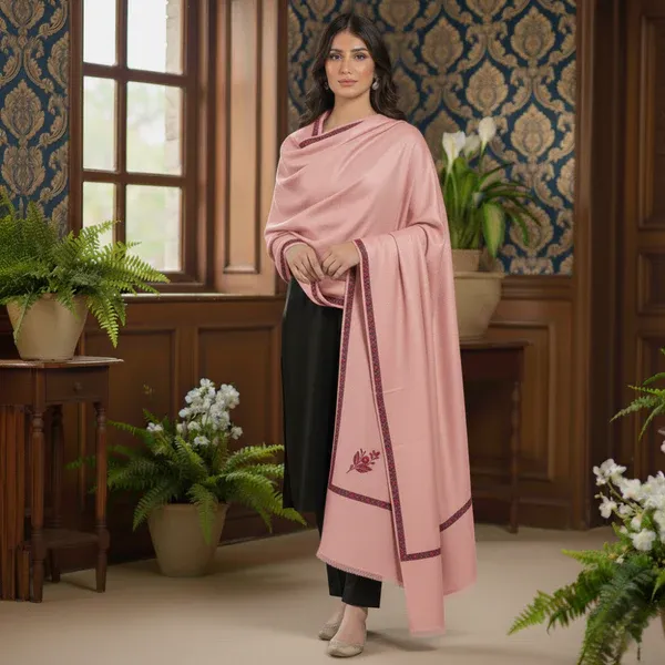 Kashmir Heritage Embroidered Pashmina Shawl - Pink