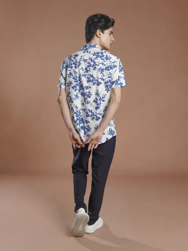 White & Blue Printed Resort Collar Shirt (CSP-334)