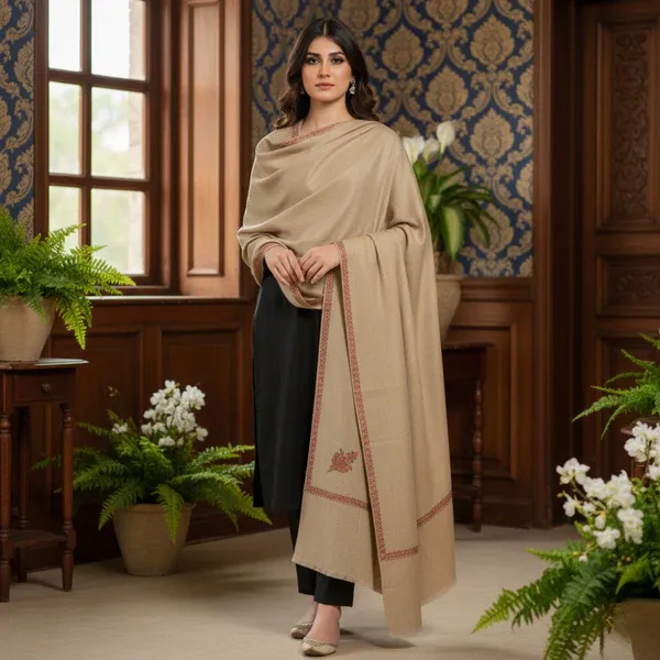 Kashmir Heritage Embroidered Pashmina Shawl - Corn Slik