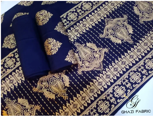 Ghazi fabric Unstitched Linen 3 piece suit for women Gold printed for women