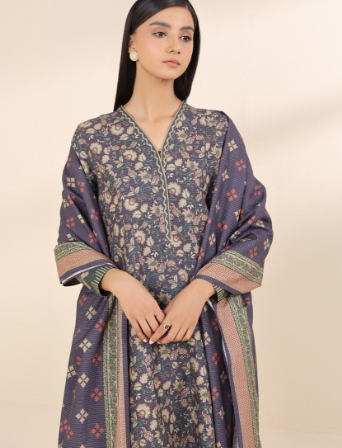 3 Piece Suit-Katan Silk Block Printed Shirt & Plain Trouser with Organza Dupatta For Ladies