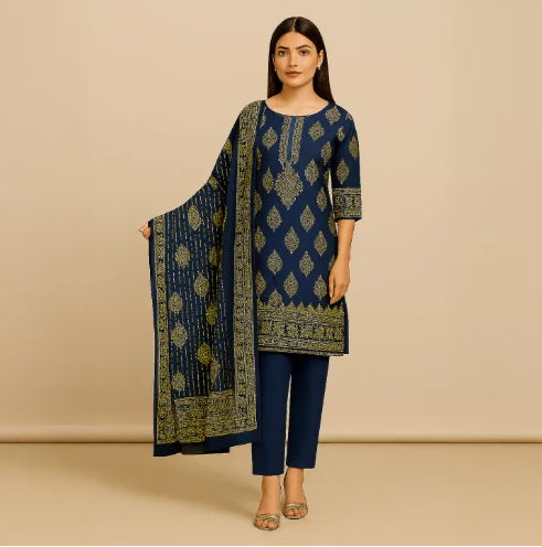 Ghazi fabric Unstitched Linen 3 piece suit for women Gold printed for women
