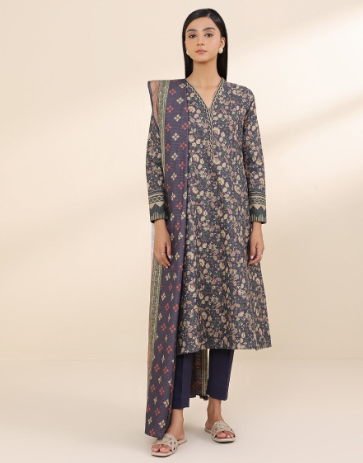 3 Piece Suit-Katan Silk Block Printed Shirt & Plain Trouser with Organza Dupatta For Ladies