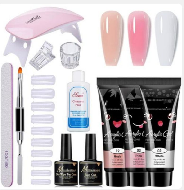 ARHANORY 12pcs/ensemble Kits d'art pour ongles en gel polyester, lampe à ongles mini, base, couche de finition, solution de glissement, 3 couleurs d'extension polygel