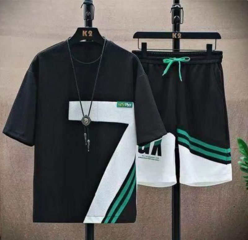Dou-color Ensemble Short et T-shirt pour Homme - 2 Pièces - Noir