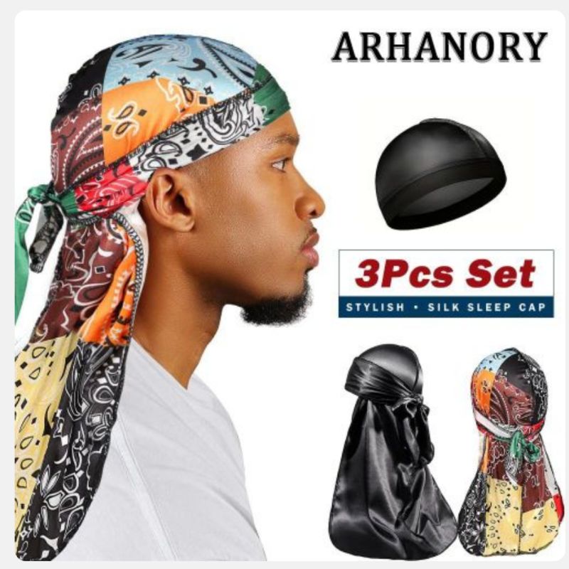 ARHANORY 3 pièces Funnai Bonnets en soie extensible pour hommes, motif vague Durag