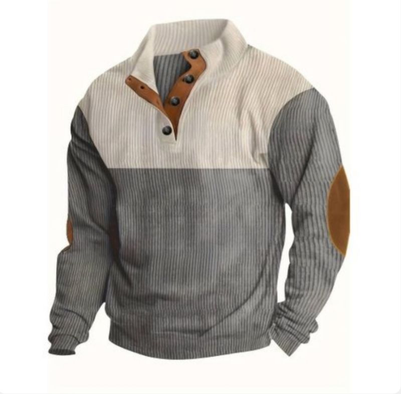Men's Stand Collar Button Sweatshirt, V-Neck Polo Shirt - Grey - L-3XL