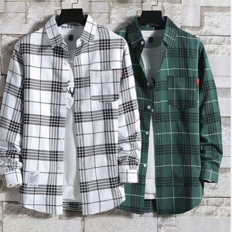 2 Pièces T-Shirt Chemise à Revers Décontractée à La Mode Chemise Homme Plaid Manches Longues