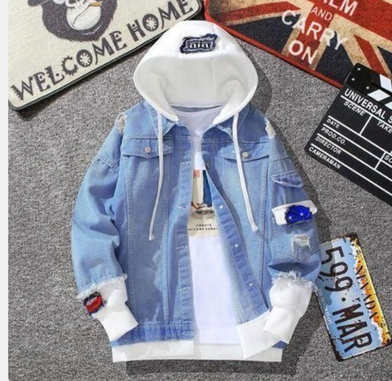 Veste en jean décontractée coréenne à capuche pour jeunes, bleu clair