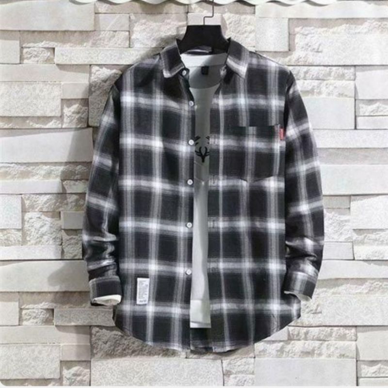 Dou-color Chemise à manches longues pour homme à petits carreaux, version agrandie - Noir