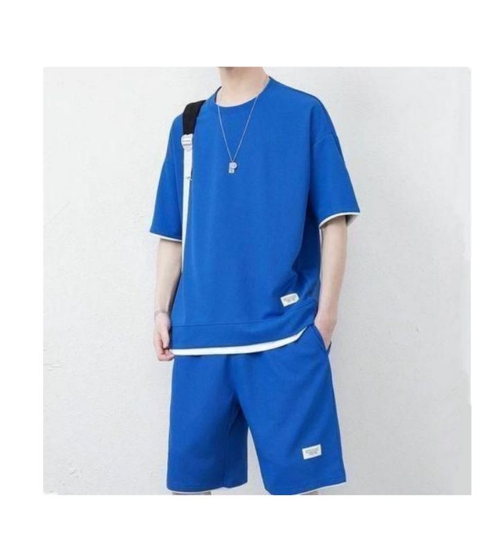 GALUIN Ensemble Homme Waffle - T-shirt + Short - Bleu