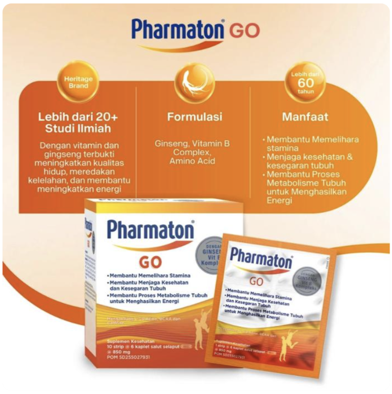 1BOX PHARMATON GO 60 KAPLET 10 STRIP KAPLET KESEHATAN TUBUH MULTIVITAMIN MINERAL SWISS FORMULA MULTIVITAMINS parmaton VIT GINSENG VIT B KOMPLEX