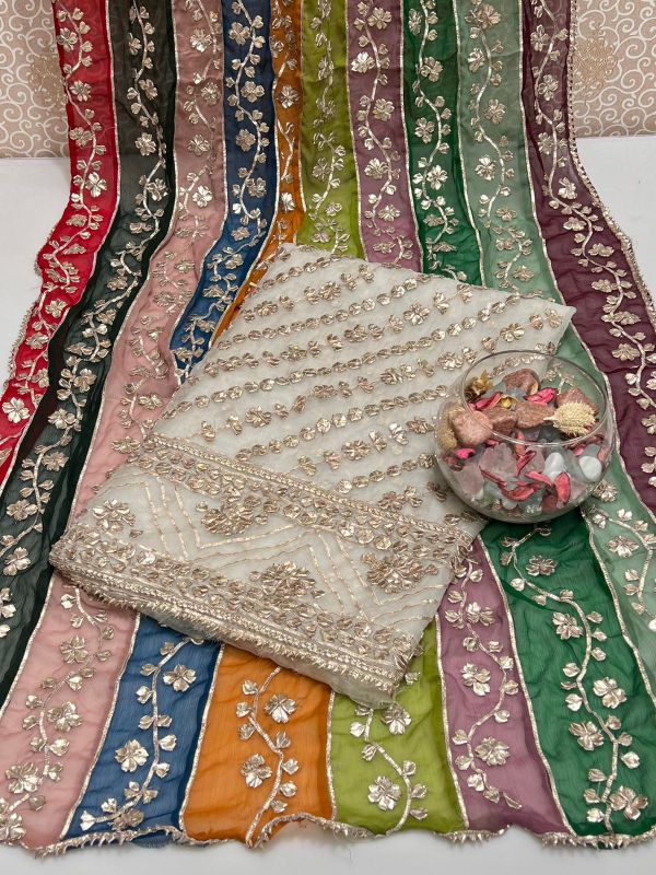 Handmade Lcd Gotta Work On Pure Organza Shirt With Lcd Gotta Work Multi Shaded Dupatta On Soft Krinkle Shifoon 2pc Suit…