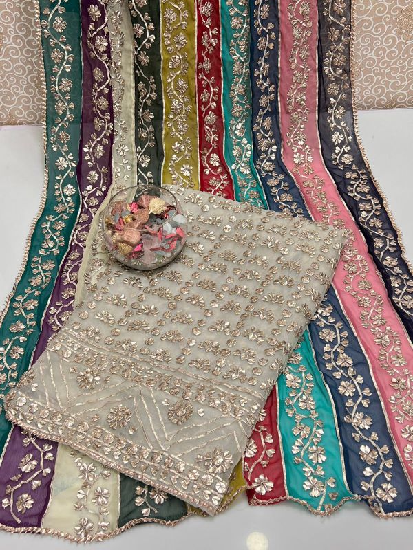 Handmade Lcd Gotta Work On Pure Organza Shirt With Lcd Gotta Work Multi Shaded Dupatta On Soft Krinkle Shifoon 2pc Suit…